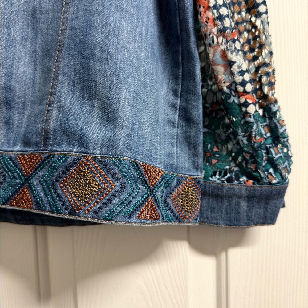 Multiples Blue Denim Jacket with Multicolor Embroidered Sleeves - Picture 7 of 10